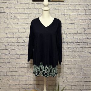 Talbot's 3/4 Sleeve Cotton Blouse Navy Blue Scalloped Edge Embroidered VNeck L